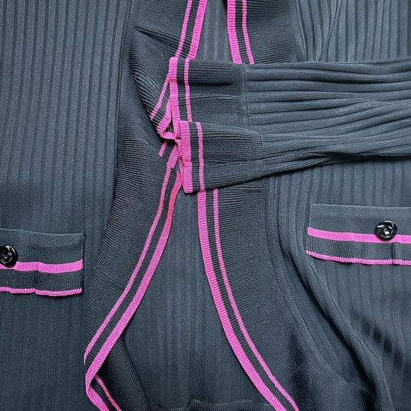 Exclusively Missook Fine Sheer Knit Ribbed OpenCardigan Magenta Ruffle Trim Flaw - Picture 7 of 11